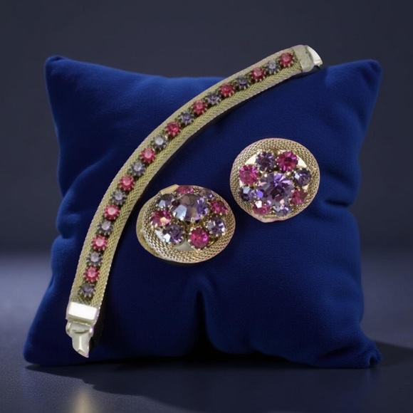 Weiss Mesh Purple Pink Rhinestone Bracelet  & Earrings, 1950s Vintage Jewelry - Picture 10 of 12